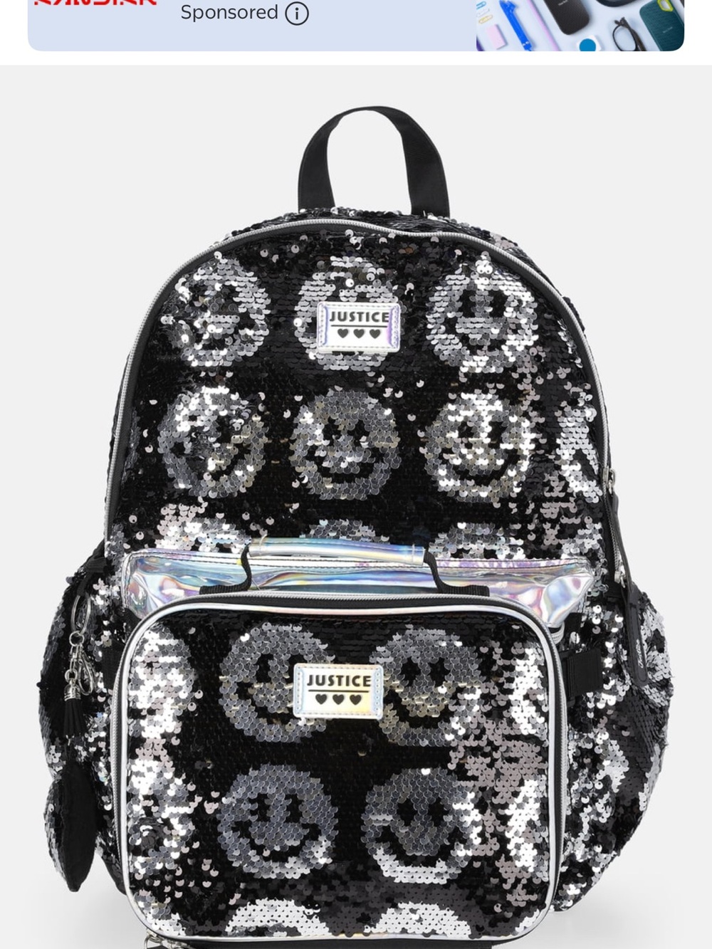 Justice Black & Silver Sequin Smiley Backpack with Holographic Pocket